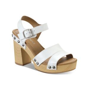 SUN STONE Womens White 1" Platform Deleste Toe Block Heel Sandals Shoes 9.5